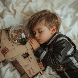 Exquisite high-fashion photography captures a young boy in a sleek spacesuit, peacefully sleeping next to his meticulously cr