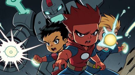 A visually striking scene depicts a trio of superpowered children with distinctive facial features and diverse skin tones eng