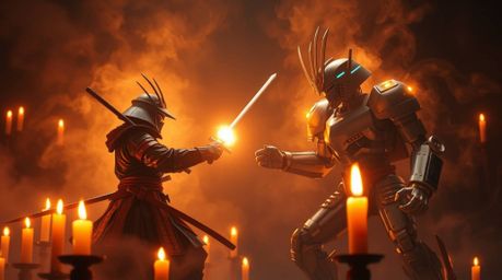 Witness a breathtaking scene: a samurai and a robot engaged in a dramatic duel, bathed in the warm and mystical glow of candl