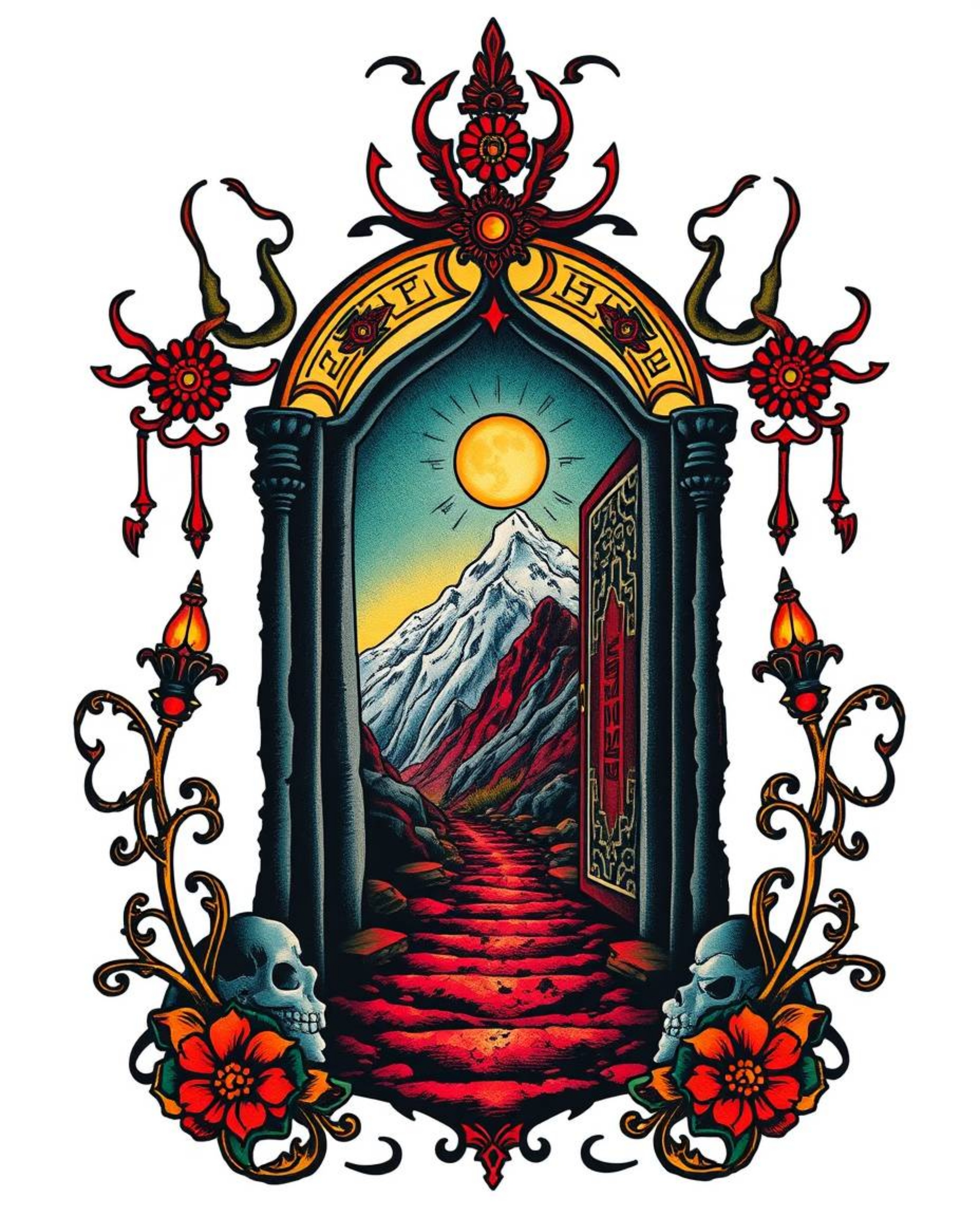 This traditional tattoo art print features an intense jet black design showcasing an ancient doorway glowing with runes on a 