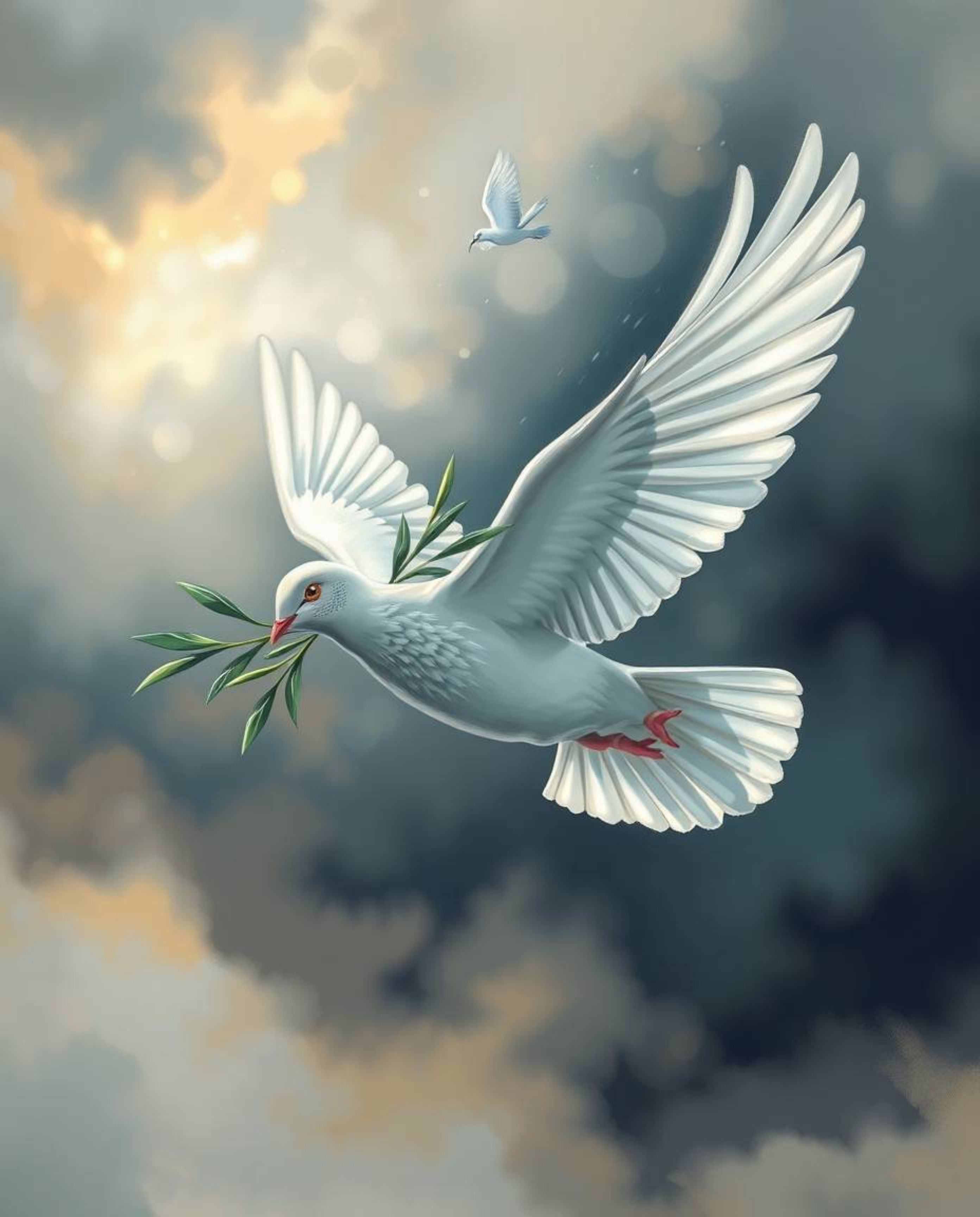 A captivating acrylic painting depicts a dove carrying an olive branch, soaring through dramatically stormy skies.  The artwo