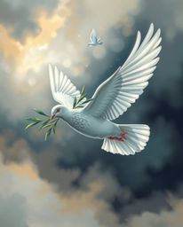 A captivating acrylic painting depicts a dove carrying an olive branch, soaring through dramatically stormy skies.  The artwo