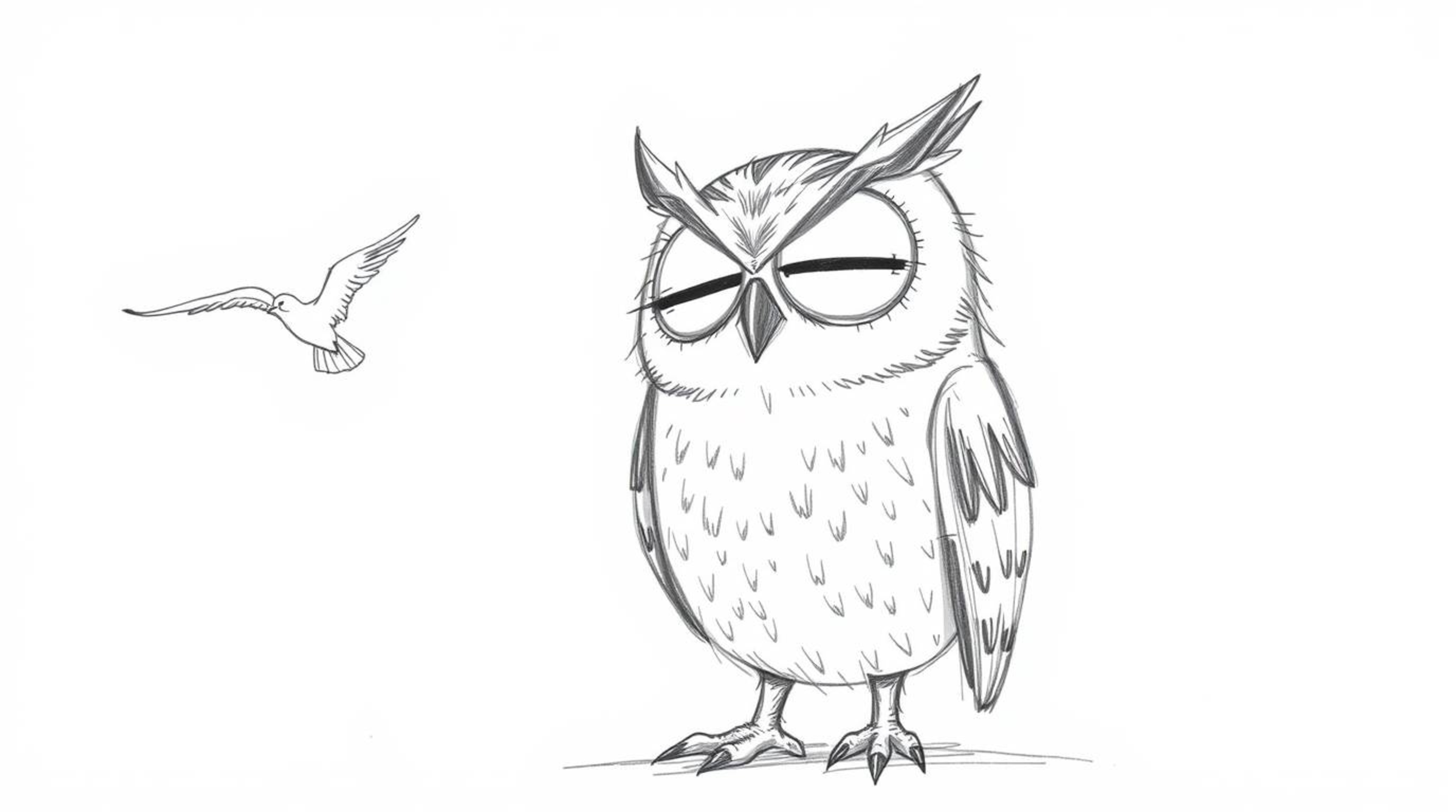 A heartwarming Pixar-style sketch portrays a blind owl, its large eyes closed in deep concentration. It teaches birds to fly,
