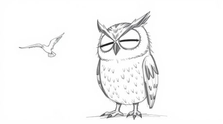 A heartwarming Pixar-style sketch portrays a blind owl, its large eyes closed in deep concentration. It teaches birds to fly,
