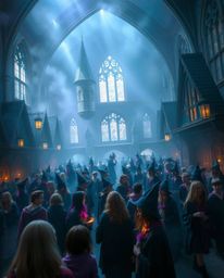 Immerse yourself in a magical school brimming with young wizards, enveloped in a soft and dreamy atmosphere. The scene is dom
