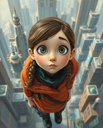 Explore the captivating world of a young inventor girl in a futuristic city, visualized in a Pixar-like style reminiscent of 