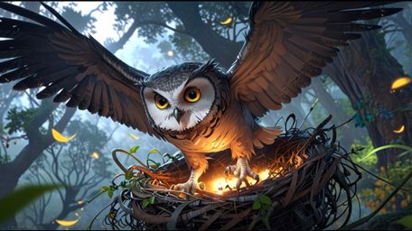 A heartwarming and inspirational scene, rendered in a beautiful Pixar and anime style, depicting a blind owl standing at the 