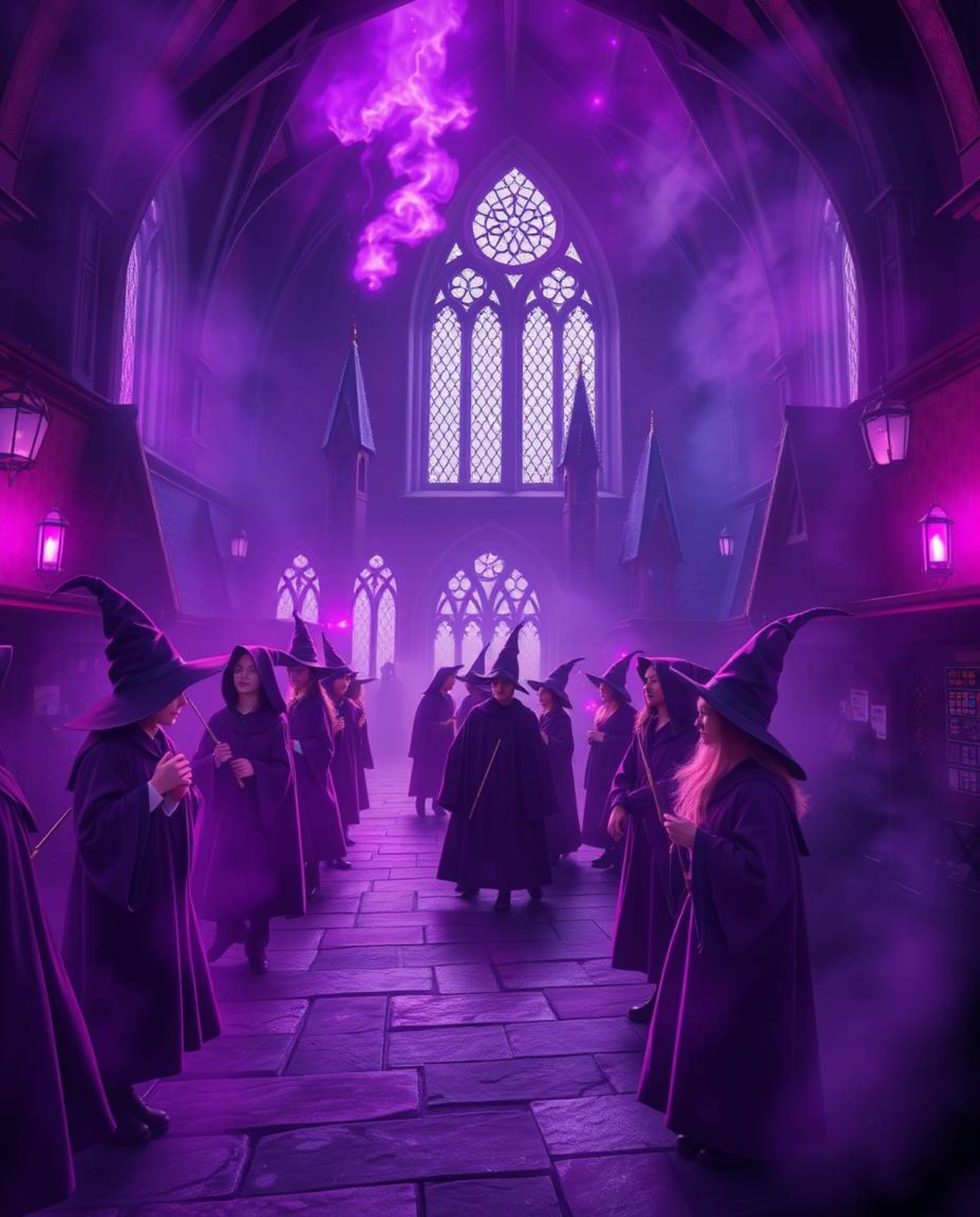 Immerse yourself in a magical school teeming with young wizards, rendered in deep ultraviolet hues and vivid purples. High co