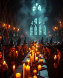 Immerse yourself in a magical school setting, where young wizards are enveloped in the warm glow of candlelight. The scene ev
