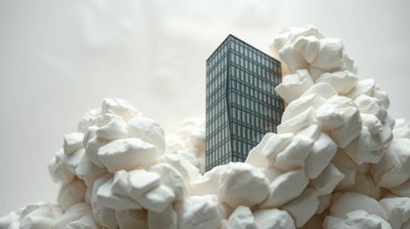 A captivating close-up reveals a sculptural clay artwork depicting a modern glass building seamlessly dissolving into a soft,