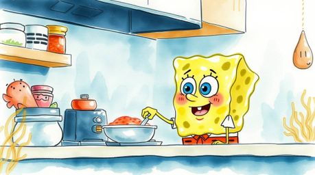 This artwork presents a delicate watercolor painting of an adorable sponge character with charming features, captured in the 