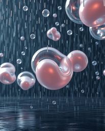 Explore a captivating 3D render of a wet, rainy scene featuring fluid, translucent, organic blobs gracefully floating in spac