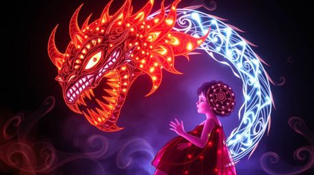 This creative light art depicts a heartwarming scene of a monster under the bed becoming best friends with a child. Featuring