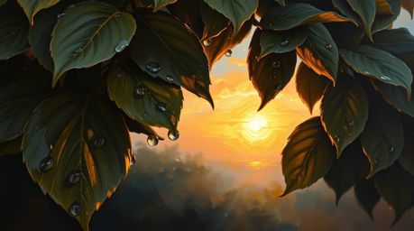A captivating classic oil painting depicting a sunset reflected in raindrops on leaves.  The artwork showcases rich textures,