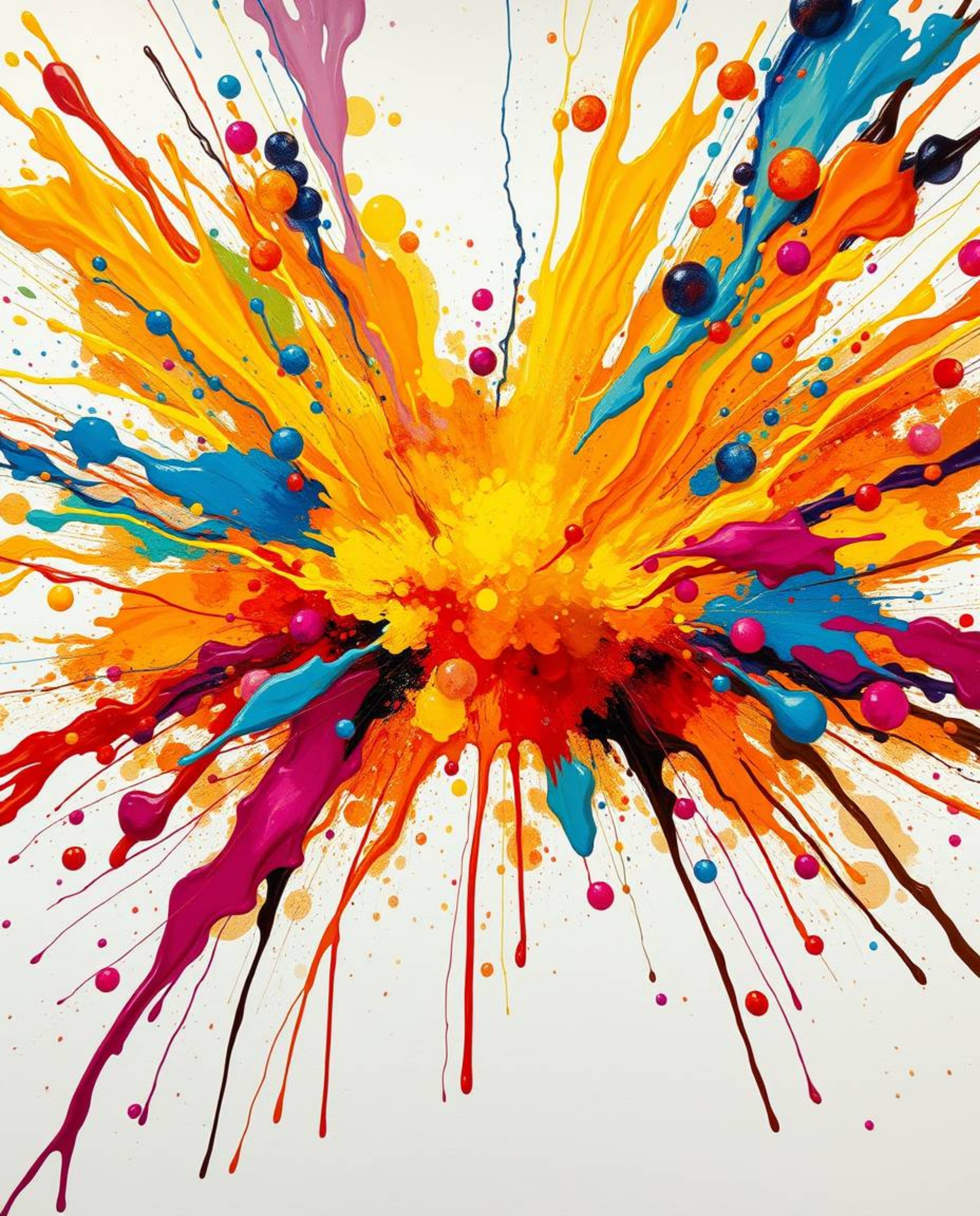 Explore vibrant abstract art with an Isekai anime twist, featuring a dynamic explosion of colorful paint splashes on a pristi