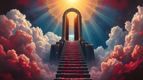 A breathtaking fantasy realism painting depicts a heavenly gate majestically floating above a sea of clouds.  Golden light st
