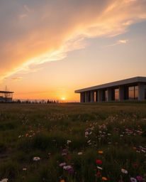 A precise architectural color photograph capturing a wide-angle shot of a spring sunset over a wildflower meadow. This image 