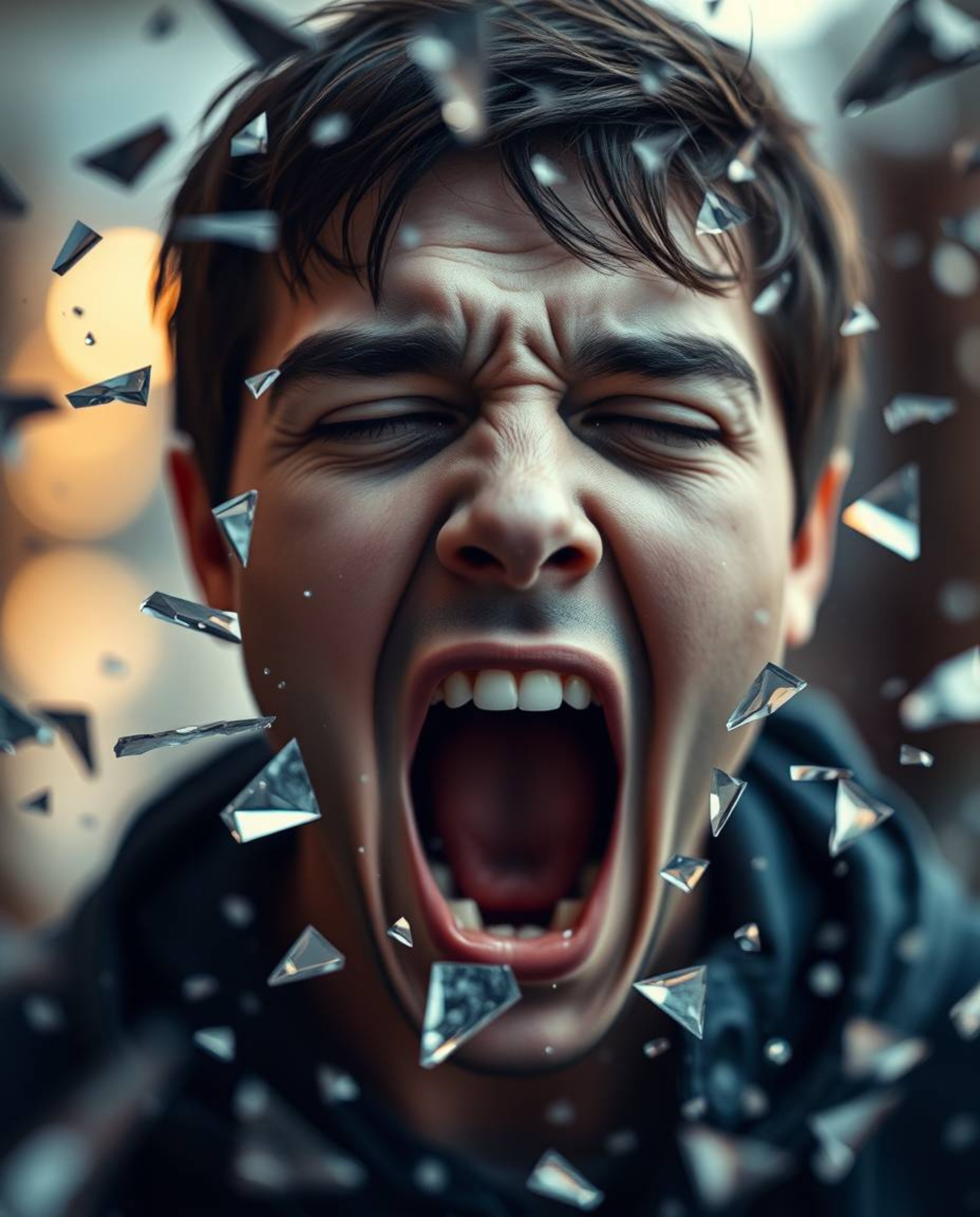 A visually striking image capturing a person screaming as the world around them disintegrates into soft-focus pixel shards. T