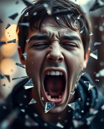 A visually striking image capturing a person screaming as the world around them disintegrates into soft-focus pixel shards. T