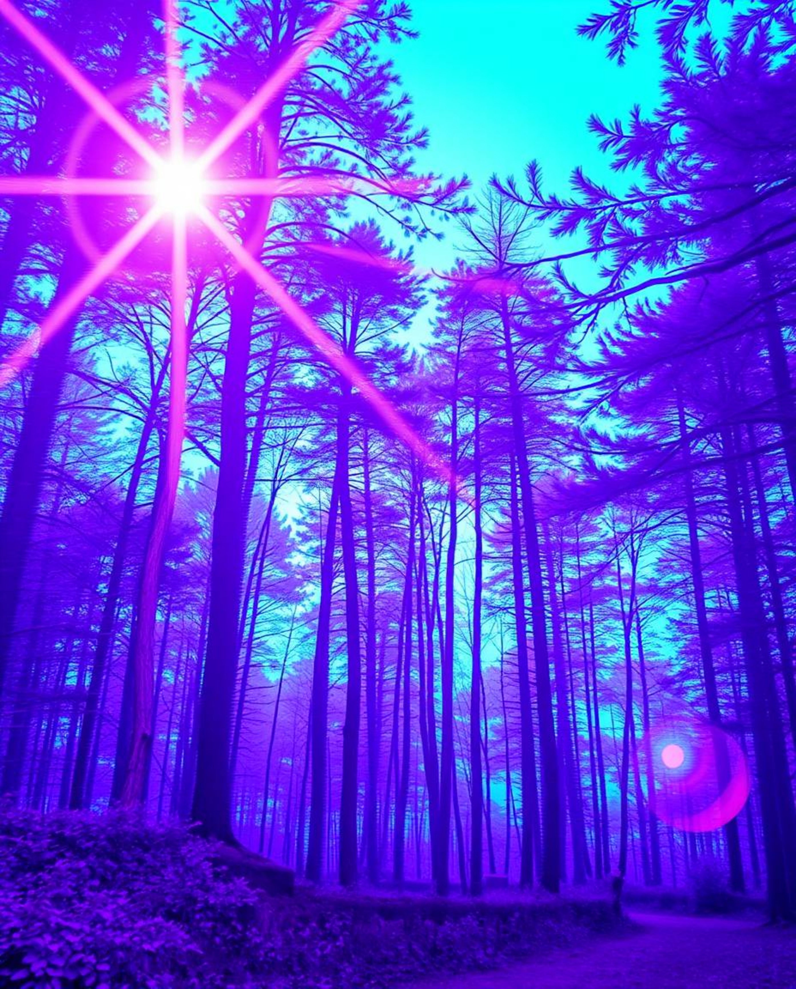 A digital glitch effect artistically disrupts a lush natural forest scene bathed in deep ultraviolet hues, creating a surreal