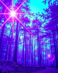 A digital glitch effect artistically disrupts a lush natural forest scene bathed in deep ultraviolet hues, creating a surreal