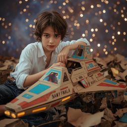 Discover exquisite high-fashion photography of a young boy building a magnificent, intricately detailed cardboard spaceship. 