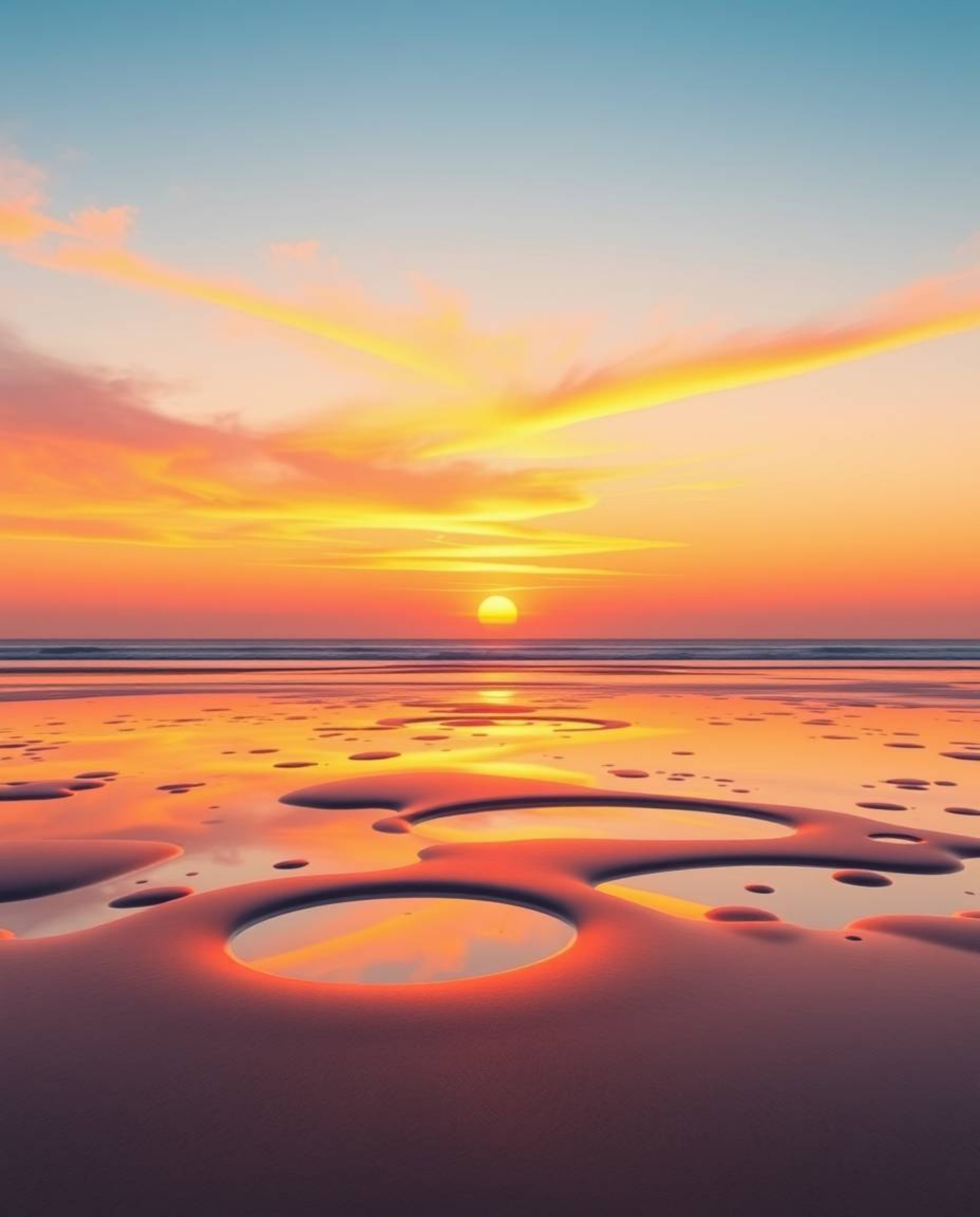 A warm, modern flat design depicts a sunset sky mirrored in tidal pools on a beach. This illustration uses simple, two-dimens