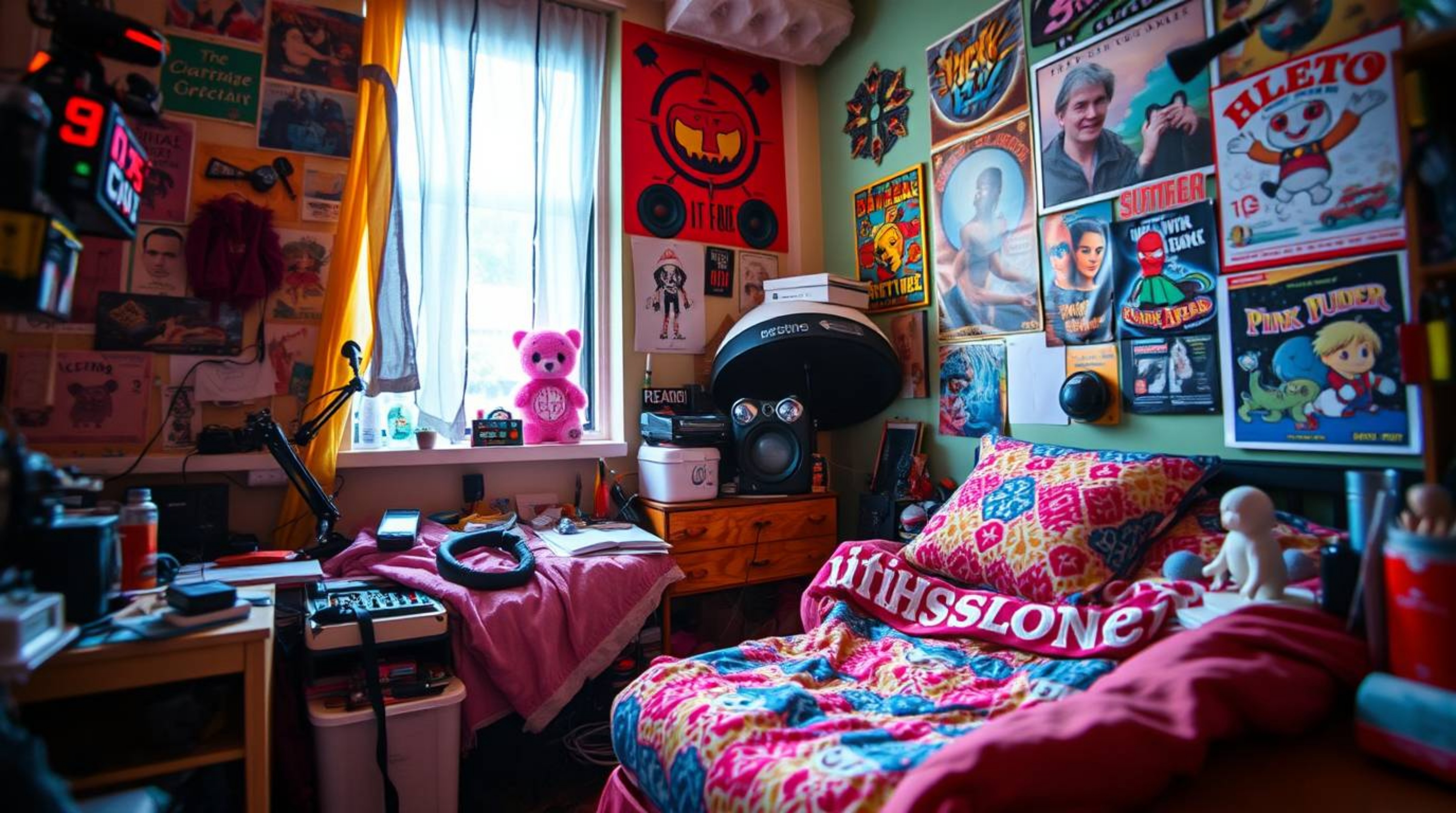 An extreme close-up macro shot reveals a vibrant, messy bedroom scene overflowing with unusual gadgets, eclectic posters, and