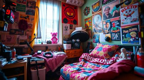 An extreme close-up macro shot reveals a vibrant, messy bedroom scene overflowing with unusual gadgets, eclectic posters, and
