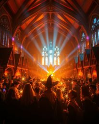 Discover a magical school brimming with young wizards, bathed in warm golden light and vibrant bioluminescent colors.  Experi