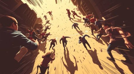This captivating illustration presents a dynamic chase scene from a high-angle perspective, utilizing exaggerated squash and 