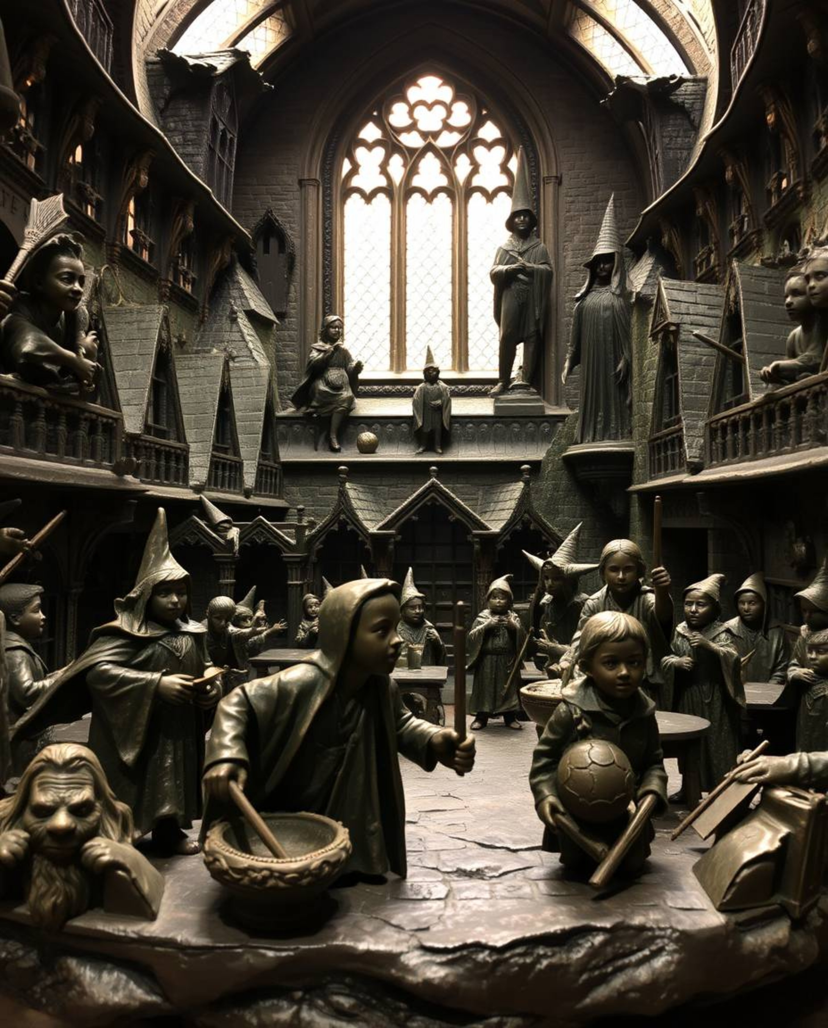 This exquisite cast bronze sculpture depicts a magical school brimming with young wizards, finished with a beautiful antique 