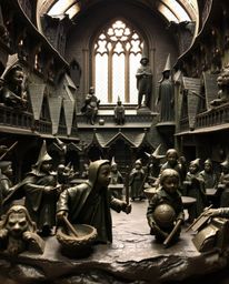 This exquisite cast bronze sculpture depicts a magical school brimming with young wizards, finished with a beautiful antique 