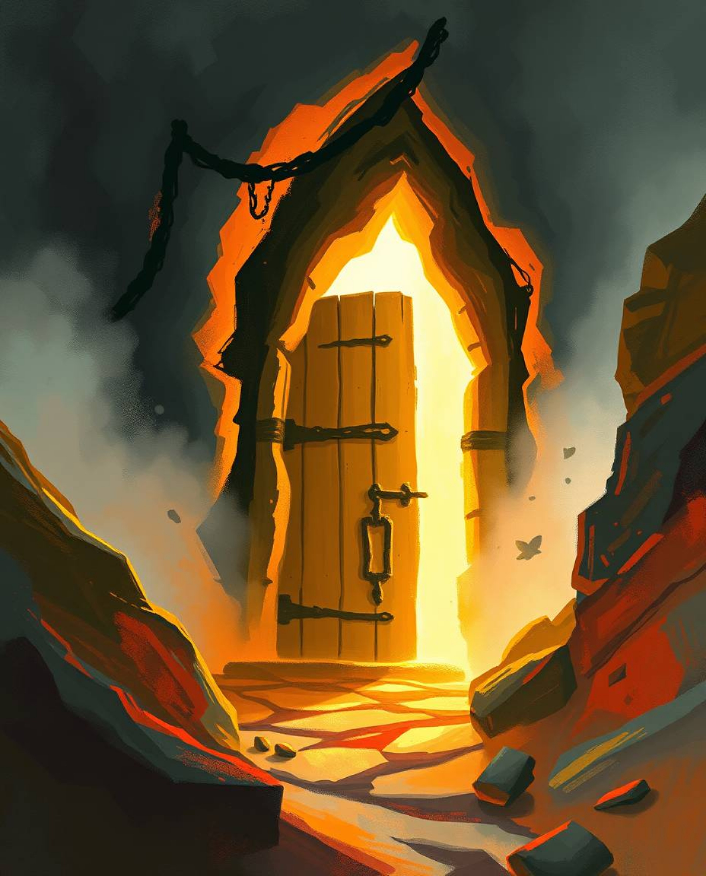A vibrant digital sketch capturing the essence of an ancient doorway embedded within a mountain, illuminated by glowing runes