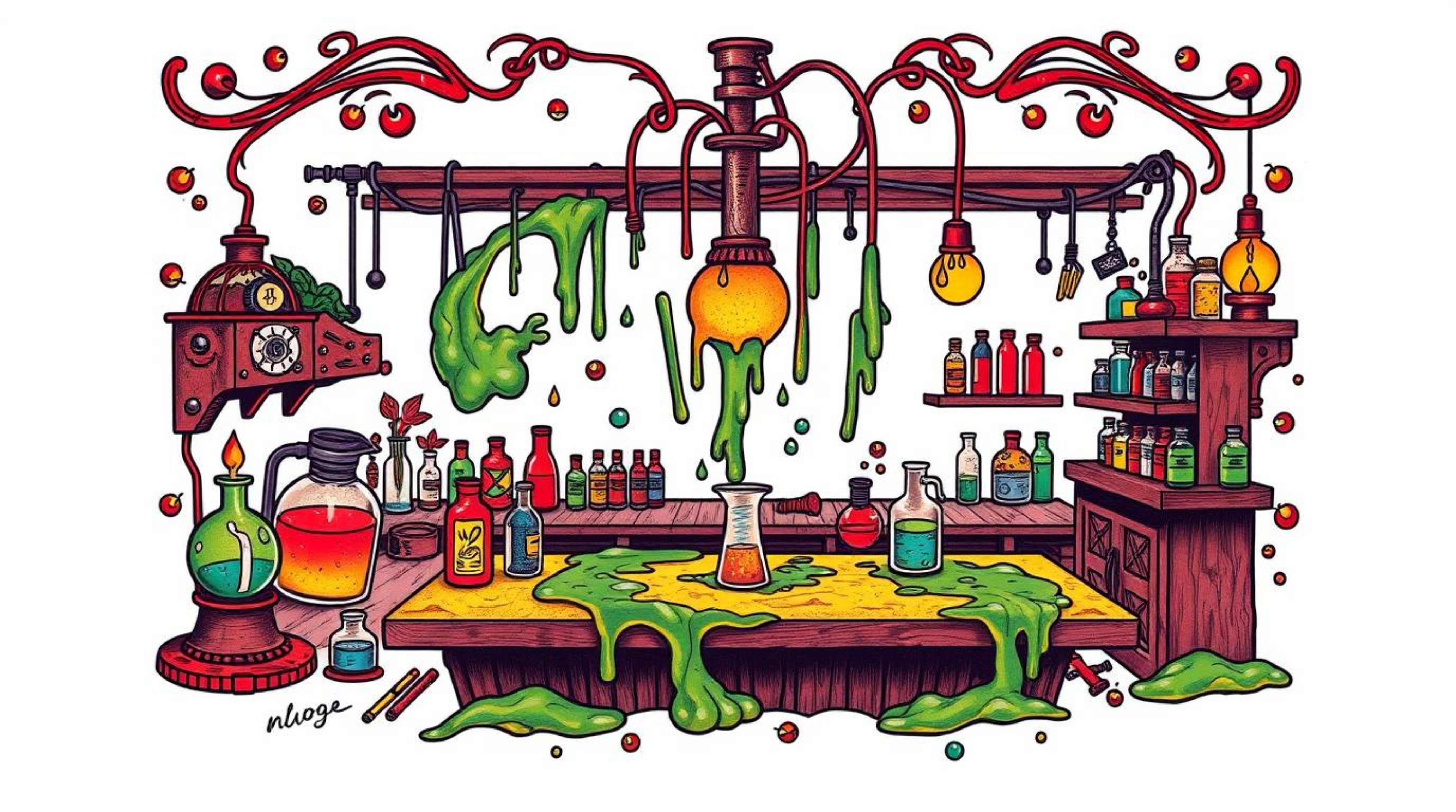 A captivating symbolic tattoo art print depicts a slime-covered science lab, bathed in warm candlelight.  The design features