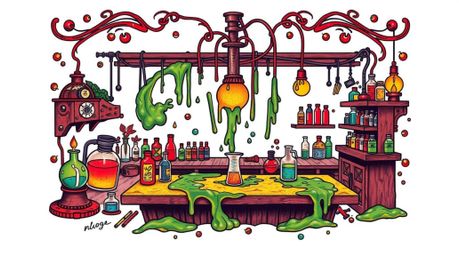 A captivating symbolic tattoo art print depicts a slime-covered science lab, bathed in warm candlelight.  The design features