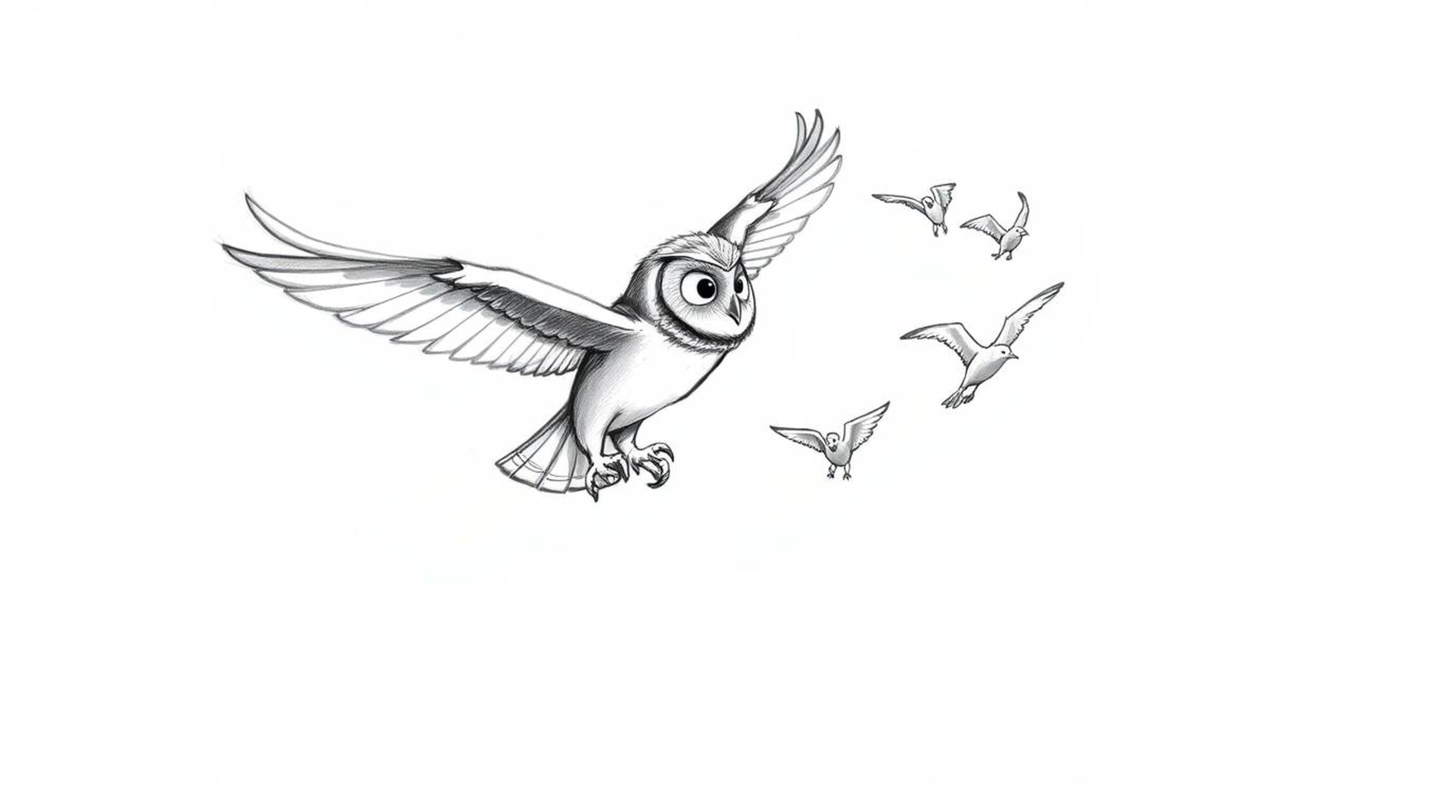 A charming hand-drawn sketch in the style of Pixar shows a blind owl gracefully teaching several birds how to fly. The scene 