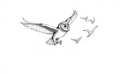 A charming hand-drawn sketch in the style of Pixar shows a blind owl gracefully teaching several birds how to fly. The scene 
