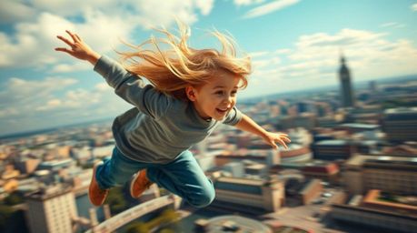 This artwork captures a young boy with flowing hair in a dynamic state of motion, seemingly flying above London powered by pi