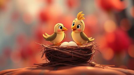 Two cartoon birds diligently build a nest in a charming, classic animation style. The image features a warm, blurred bokeh ef