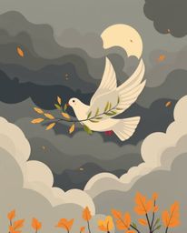 A modern, flat design illustration depicts a dove carrying an olive branch amidst stormy skies.  Rendered in warm autumnal hu