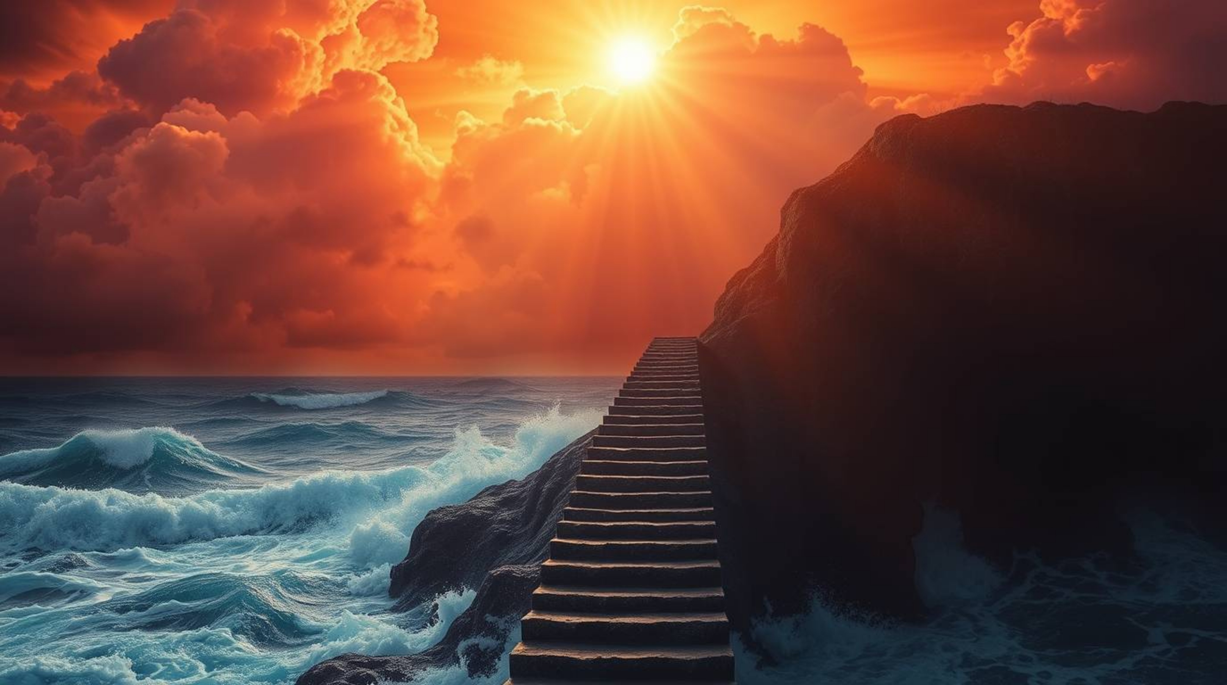 A breathtaking image depicts a dramatic staircase rising from the ocean towards a stormy sky illuminated by a vibrant sunburs