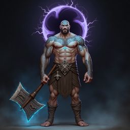 A formidable warrior, defined by powerful musculature and stoic resolve, stands guard before a swirling, dark portal radiatin
