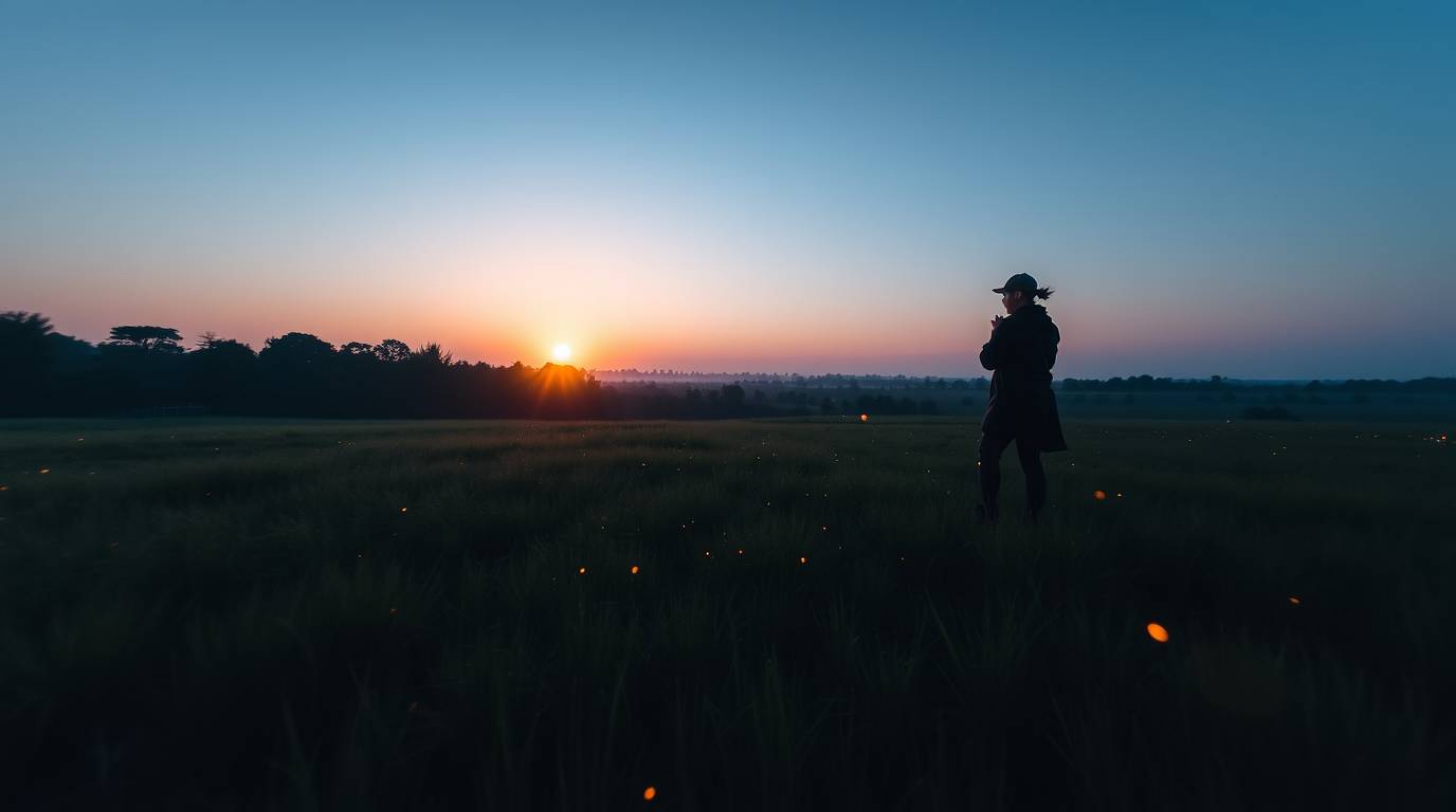 Experience the tranquility of a sunset over a quiet meadow, where fireflies begin to dance as dusk settles. This high-angle, 