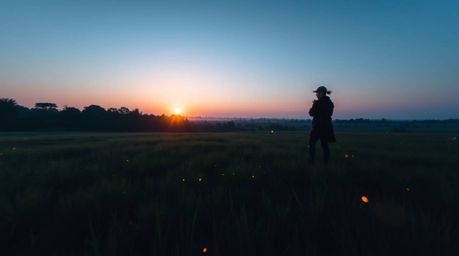 Experience the tranquility of a sunset over a quiet meadow, where fireflies begin to dance as dusk settles. This high-angle, 
