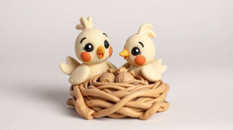Adorable and charming, this sculptural clay art depicts two cartoon birds diligently building their nest in a classic animati