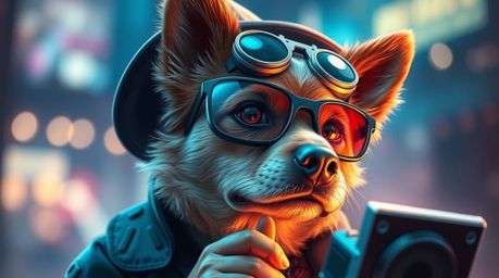 Discover a stunning digital painting of a dog detective utilizing high-tech gadgets.  The artwork features sharp focus on the