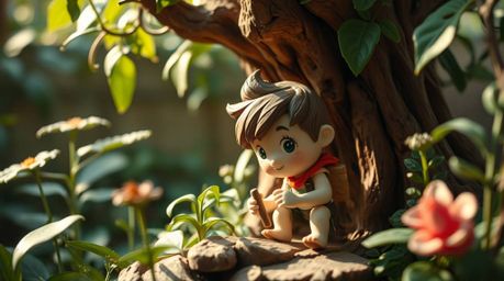 Discover a whimsical papier-mâché sculpture depicting a tiny hero embarking on an adventure through a lush backyard jungle.  