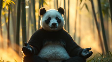 A captivating photograph depicts a panda martial artist deep in meditation within a serene bamboo forest. The soft focus and 