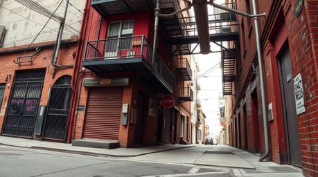 Capturing the raw energy of a grungy city alley, this architectural color photography showcases rebellious teens amidst sharp